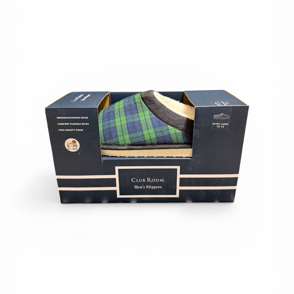 Club Room Men's Plaid Slippers - Green & Blue 12/13